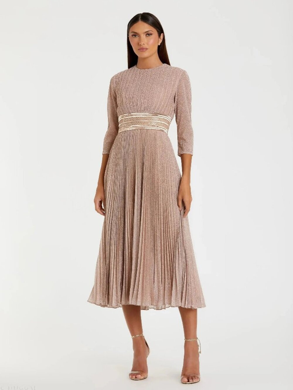 Mac Duggal Formal Gown Size 4 Rose Gold Metallic Beaded Waist Pleated 3/4 Sleeve